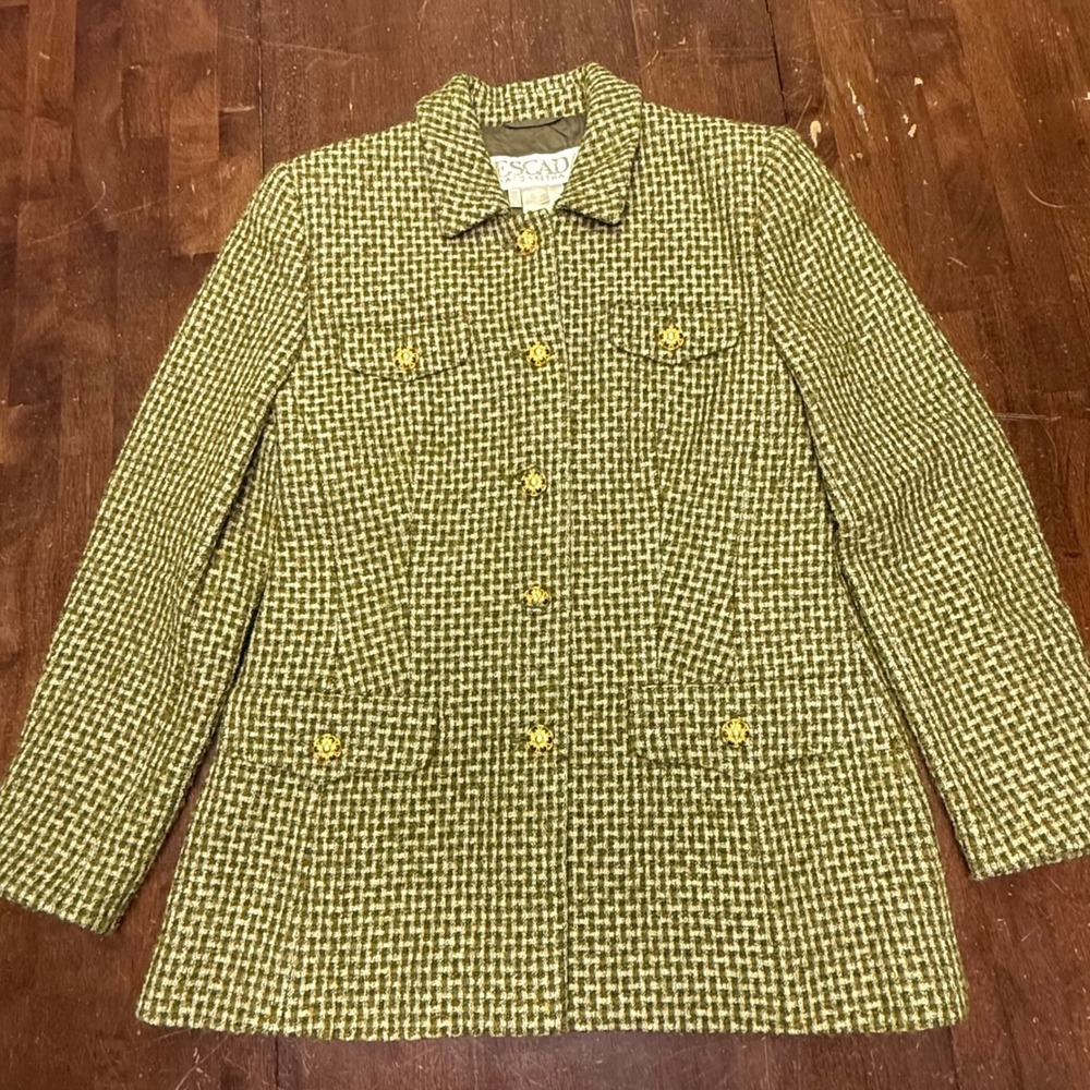 Escada Margaretha Ley Blazer Women 38 Green Tweed Mohair Wool Gold Button Jacket